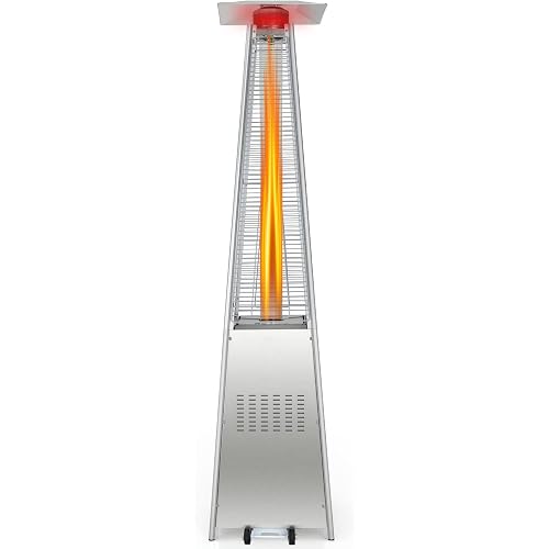 COSTWAY 42,000 BTU Stainless Steel Pyramid Outdoor Propane Heater With Wheels and Glass Tube, Auto Shut Off Protection, Freestanding Quartz for Backyard, Garden, Silver