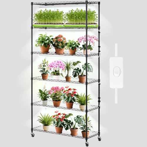 VEVOR DIY Plant Stand with Grow Light, 6-Tier Large Tall Plant Shelf with 192W 5000K Full Spectrum Grow Lights, Indoor Grow Light Shelf with Wheels for Seed Starting 29.5' L x 13.8' W x 70.9' H