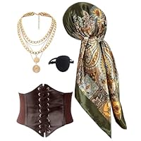 4 Pcs Women Pirate Costume Accessories Pirates Hat Head Scarf Headband Wrap Corset Belt Eye Patch Necklace Green