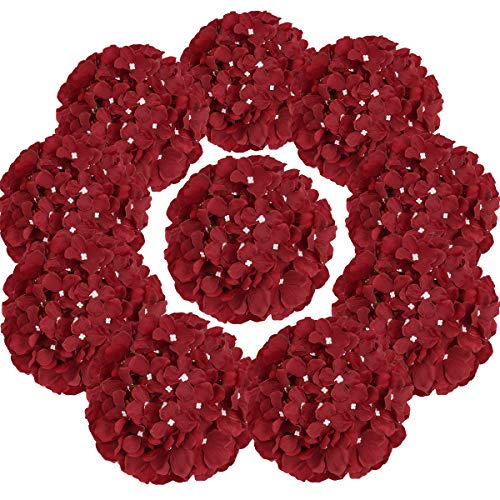 Flojery Cabezas de hortensias de seda artificiales con tallos para decoración del hogar, boda, paquete de 10 (burdeos)