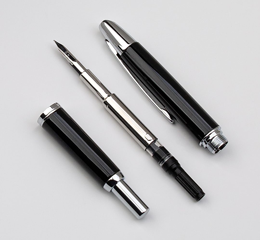 JINHAO 10 Press Füllfederhalter, einziehbarer Metallstift mit Tintenkonverter (F-Feder 0,5 mm, Hellschwarz)
