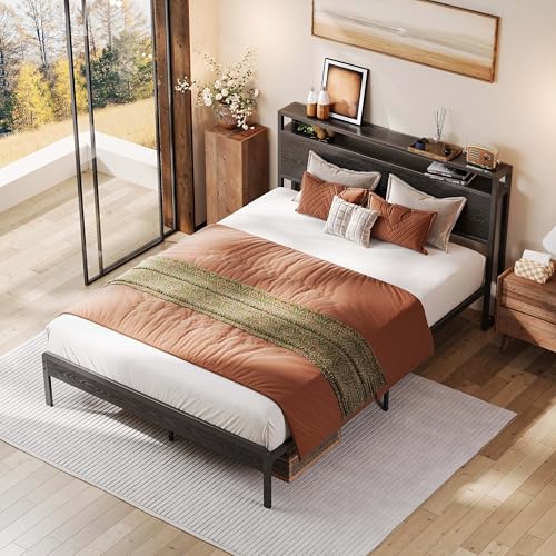 Image of LIKIMIO Full Bed Frame with Headboard, Dark Wood Camas Full with Strong Supports, Sturdy, Noise-Free, No Box Spring Needed, Black