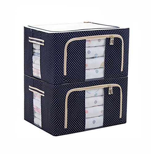 Jjmg Stackable Storage Box Polka Dots Oxford Cloth Steel Frame Shelf Quilt Clothing Blanket Pillow Shoe Holder Container Organizer See-Through Window Double Zipper Folding - Dark Blue (2 Pack X 66L) #TOP18