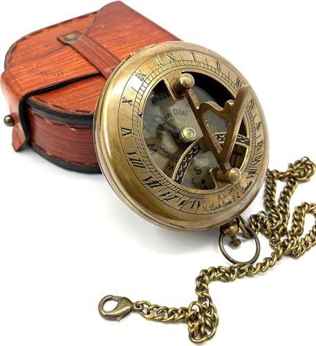 Brújula de bolsillo vintage de latón y cobre con reloj de sol funcional para navegación marítima, camping y senderismo con estuche de cuero miniatura 2