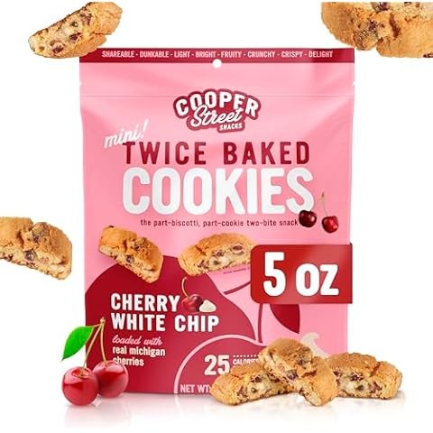 Cooper Street Twice Baked Cherry White Chip Biscotti Cookies - Light and Crispy Coffee Cookie Bites - Traditional Low Calorie Italian Snacks for Adults & Kids - Kosher, Dairy, Peanut & Soy Free - 5oz Cover