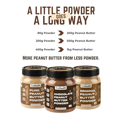 Image of TruHealth Unsweetened Peanut Butter Powder makes 2.25kg spread | 495g Protein in this Pouch | No Added Sugar, Unsweetened | High Protein, Low Fat PB Powder | Vegan, Gluten-Free, Non-GMO | Perfect for Smoothies, Baking & Oatmeal | (900g)