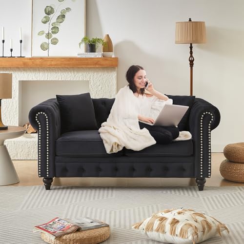 Image of Mid Century Modern Loveseat Sofa, 63.5 inchW Velvet Fabric Button Tufted Small Couch with Nailhead Trim & Roll Armrest, Upholstered Comfy Chesterfield Sofa for Living Room, Office(2 Seater, Dark Black)