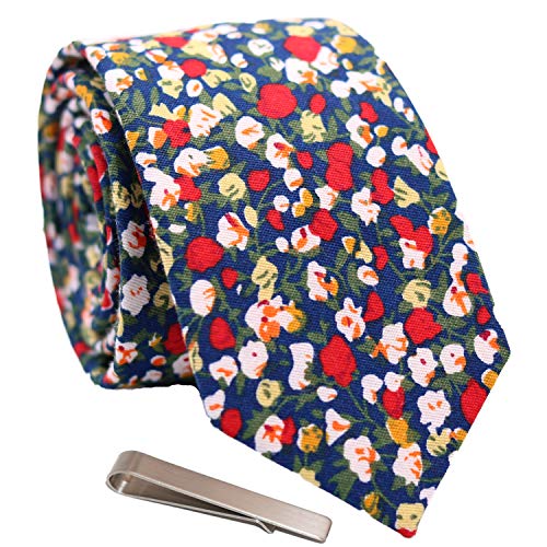 Men's Skinny Tie Floral Print Cotton Necktie and Tie Bar Clip Sets, Great for Weddings, Groom, Groomsmen, Dances, Gifts