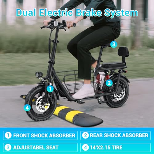 SEHOMY 2 Seater Electric Scooter for Adults 330lbs, Folding Bike Escooters with 3 Speed, 850W Peak Motor, 25 Miles Range, 22MPH, Detachable Storage Basket, 14" Electronic City Commuter Motor Scooters
