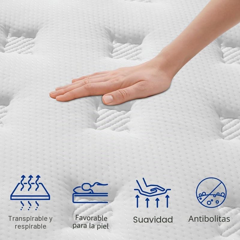 Colchón Viscoelástico 140x200 cm Espuma de Memoria, Altura 32cm, Confort y Firmeza Media | Antiácaros, Antibacteriano, Transpirable, Hipoalergénico | Certificado Oeko-Tex, Colchón Muelles Ensacados