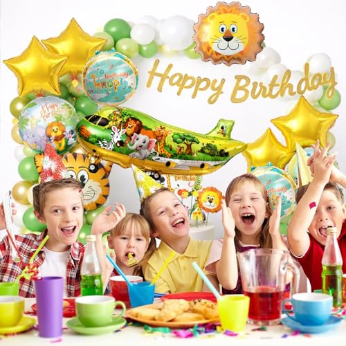 Image of Rozi Decoration Jungle Theme Birthday Decoration Kit with Balloon, Happy Birthday Cardstock Paper Banner, Cake Topper Set and Green White Gold Latex Balloons - 76 Pieces Party Decoration Set