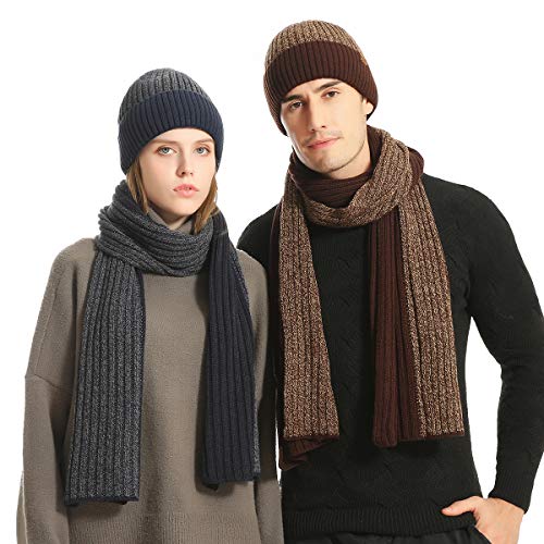 Lumisyne Winter 3 In 1 Set Two-Color Jacquard Touch Screen Gloves Knitted Beanie Hat Long Scarf For Men Women Soft Wool Blue #TOP2