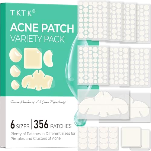 TKTK Pimple Patches for Face 6 Sizes Hydrocolloid Acne Patch Variety Large Acne Stickers for Cheeks Forehead Chin Nose Back Blemishes Zit Breakouts (4 Shapes 356 Count)