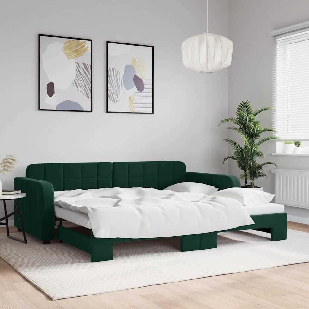 Cama de día con cama de día sin colchón verde oscuro 90 x 200 cm | Sofá 2 en 1, terciopelo suave, estructura de madera y metal, salón o dormitorio