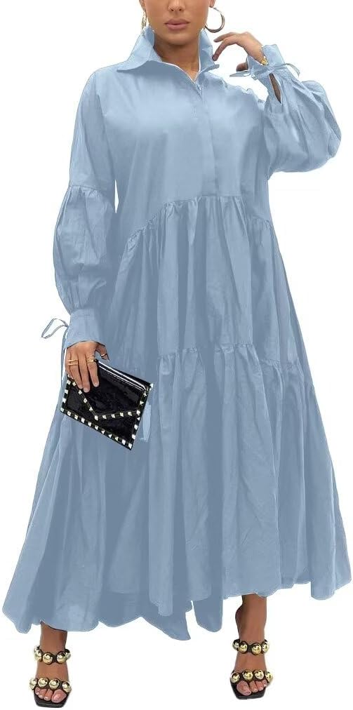 Women's Long Sleeve Maxi Shirt Dress Elegant Button Down Loose Swing Party Dress
