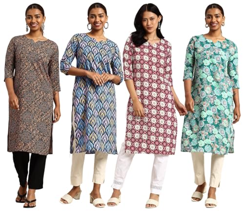 Image of JAKHANA Women's Crepe Printed Casual Straight Calf Length Round Nick Kurta Pack of 4