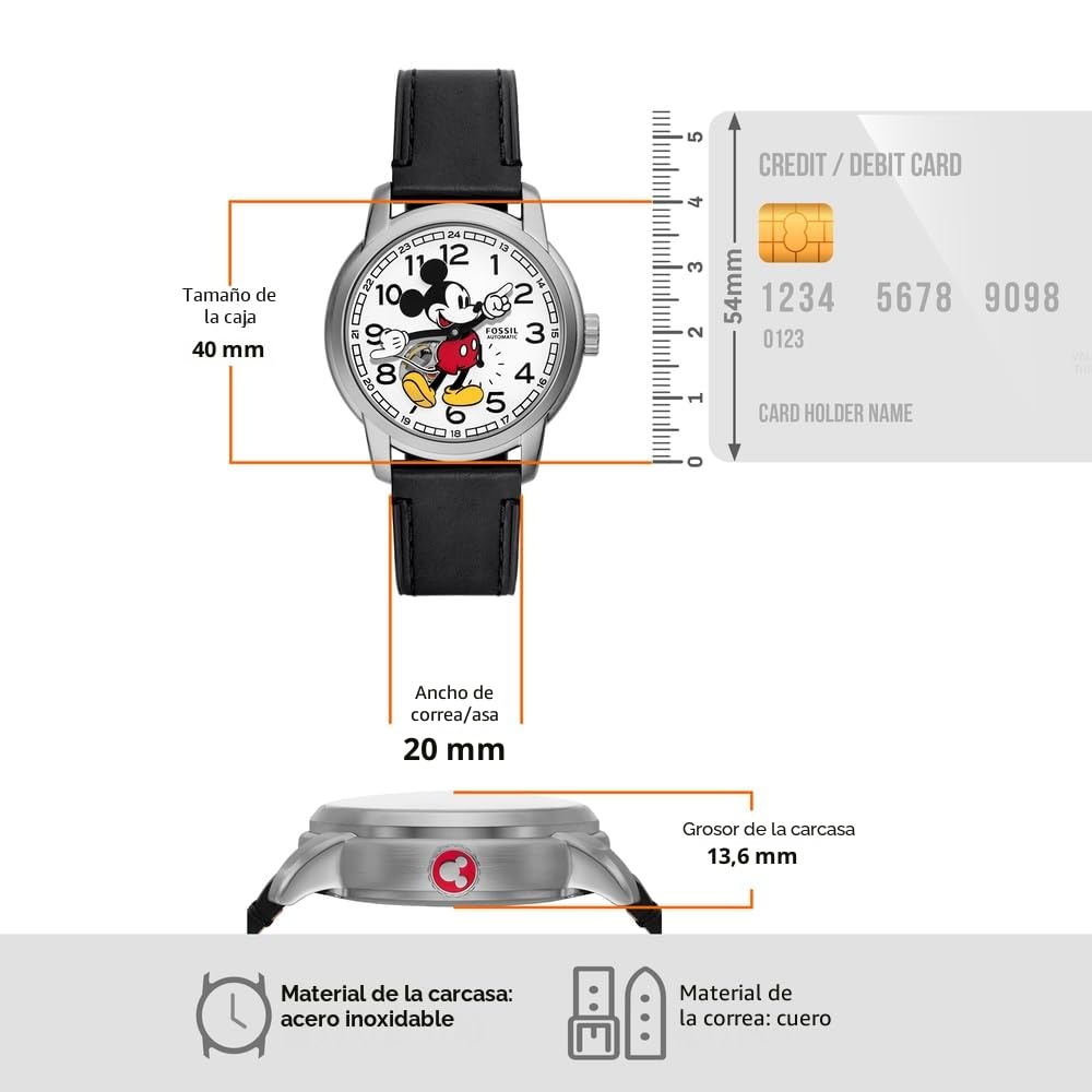 Fossil Mickey Mouse Reloj Unisex Adulto, Movimiento Automático con Correa de Acero Inoxidable O Cuero