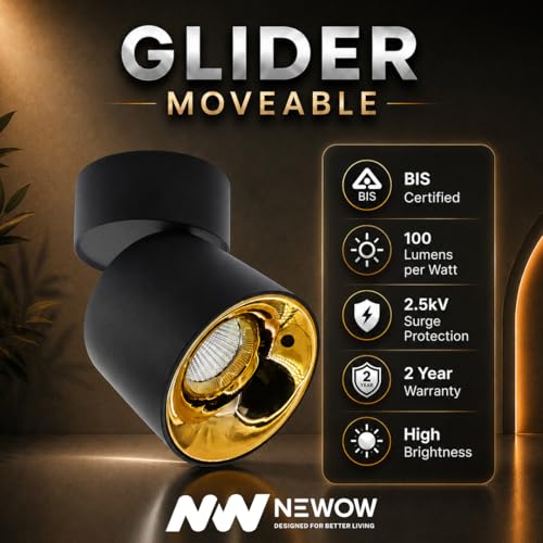 Image of NW 7W Glider SF Moveable Black With Gold Aluminium 360 Degree Adjustable Cylindrical Shape LED Surface Light | COB Light | Wall Light | Down Light | Spot Light | Light Color- Natural White (Pack of 1)