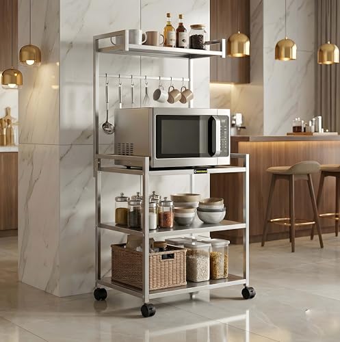 Image of Premium 4 Tier Heavy Duty Microwave Rack with Wheels | Metal Kitchen Organizer Stand for Oven, Air Fryer & OTG (MS 4 Silver)