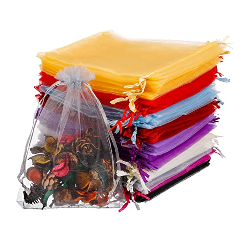 Xinzistar 100 Pcs Sacs Organza, 13x18 cm Couleur Organza Sachets Pochettes Cadeau en Organza Sachets avec Cordon de Serrage Grand Sachets de Mariage Pochette à Bijoux pour Anniversaire, Mixte Couleur Cover