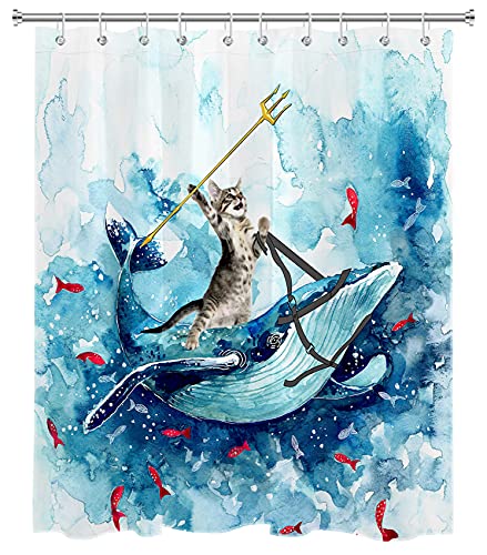 LB Blue Whale Shower Curtain Funny Cat,Watercolor Polyester Anti Mould Waterproof Bathroom Curtains with Hooks,59x71 inches - Image 2