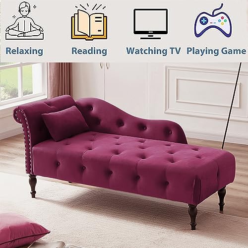 Majnesvon Tufted Upholstered Velvet Rolled Arm Chaise Lounges Indoor Chair,60.6" Velvet Chaise Lounge with Tufted Nailhead Trim,with 1 Pillow for Living Room Bedroom Office (Burgundy)