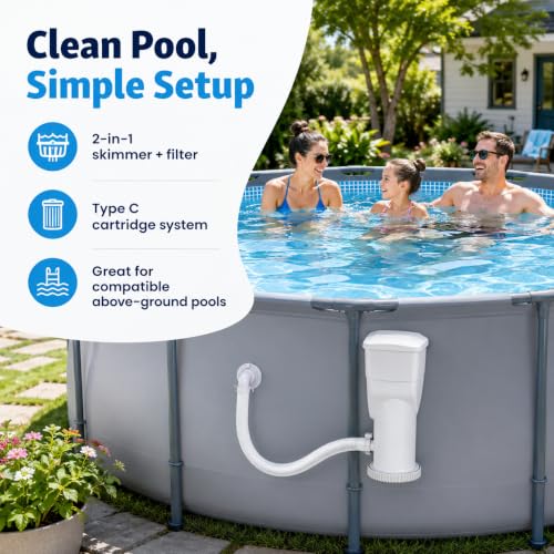 Image of Summer Waves SFX1000 Complete Skimmer Filter Pump System for Above Ground Pools, 1000GPH, White, with 1.5 inch Fittings and Hose