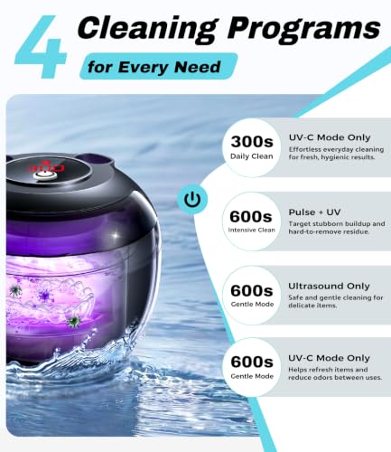 Image of Ultrasonic Retainer Cleaner Machine, 45kHz Deep Gentle Dental Cleaning Pod with 304 Stainless Steel Tank, 4 Cleaning Modes for Aligners, Dentures, Mouth Guards, Night Guards, Light Black