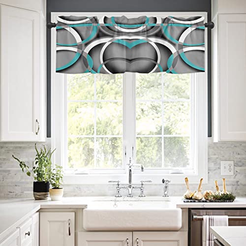 Kitchen Curtain Valance, Aqua Grey Geometric Rod Pocket Tier Curtain, Modern White Round Geometry Abstract Short Half Window Treatments For Living Room Bedroom, 54 X 18 Inch, 1 Panel #TOP1