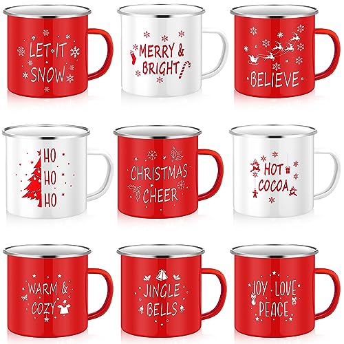 Mumufy Weihnachtstassen, Emaille-Tassen mit Zitaten, 340 ml, weiße und rote Tassen, lustige Kaffeetassen für Frauen, Kollegen, Kinder, 9 Stück