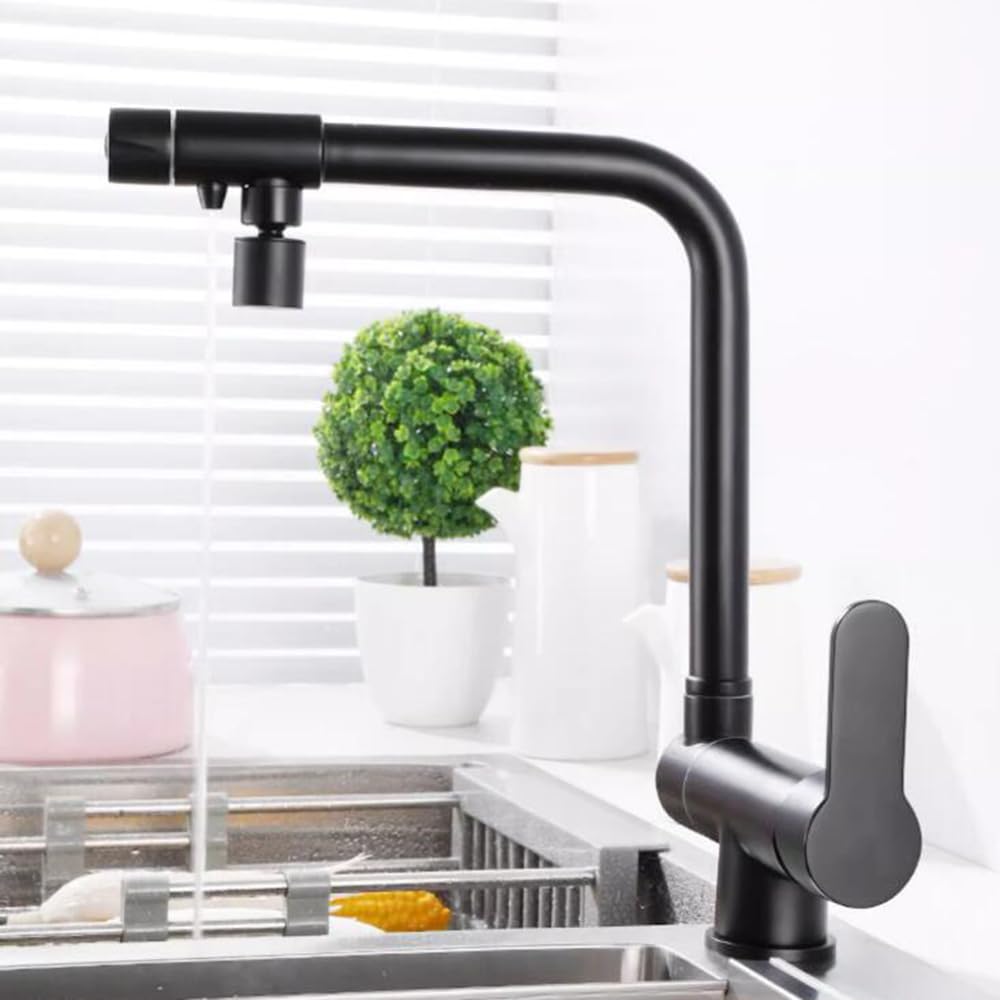 Grifo 3 Vias Osmosis Abatible Grifo de Cocina Giratorio Orificio Único Latón Agua Fría y Caliente Agua Purificada Grifo de Cocina 3 Vias-Negro