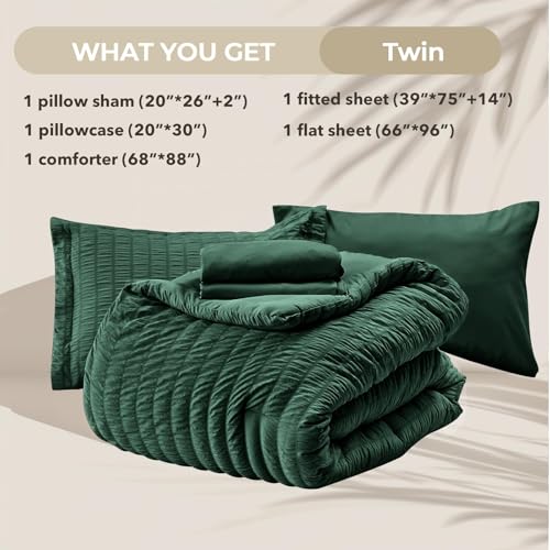 Image of HYMOKEGE Emerald Green Twin Comforter Set Seersucker 5 Pieces, All Season Luxury Bed in a Bag for Bedroom, Bedding Set with Comforter, Sheets, Pillowcase & Sham