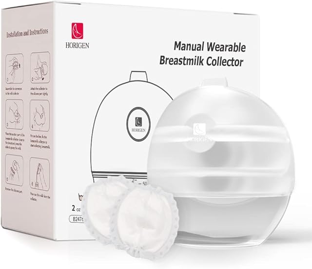 Horigen Breast Milk Collector Wearable Manual Breast Pump, BPA Free Portable Silicone Natural Suction Breast Milk Collector with 10Pcs Anti Overflow Breast Pads, Invisible in Bra Breastfeeding Pump