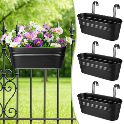 3 Pcs Large Balcony Planters Railing Hanging Flower Pots- 16.2 Inch Metal Railing Planter Box Fence Planters for Outdoor Plants with Detachable Hooks and Drain Holes for Garden Decor (Black-16.2inch)