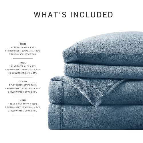 Image of True North by Sleep Philosophy Plush Sheet Set Full, Solid Color, Warm & Soft Bedding Full Size Sheets, Fitted Pocket Fits Up to 16 inch Mattress, Soloft, Full, Blue, 4 Piece