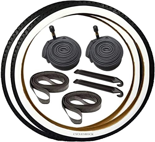CYCLEZ 26" x 2.125 Duro Beach Cruiser Bicycle Diamond Whitewall Tires OEM Replacement Hybrid Comfort City Cruiser Tire Levers Tubes Rim Strips Bundle Kit