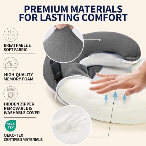 Image of BUYUE Travel Neck Pillows for Airplanes, Memory Foam 360 Head Support Sleep for Long Flight, Skin-Friendly & Breathable, Kit with Eye Mask, Earplugs and Storage Bag (Adult, Grey, 90+ lbs)