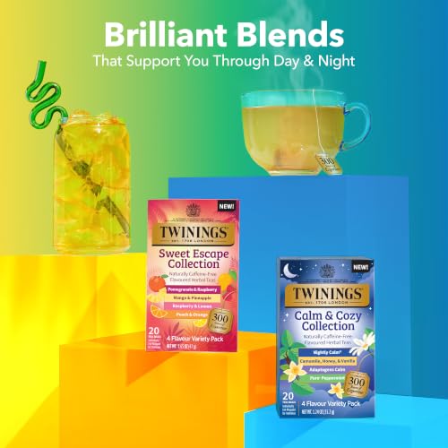 Image of Twinings Calm & Cozy Bedtime Herbal Tea Variety, 20 Count, Pack of 1 | Assorted Relaxing 4 Flavours, Naturally Caffeine-Free, Enjoy Hot or Iced, 20 Teabags