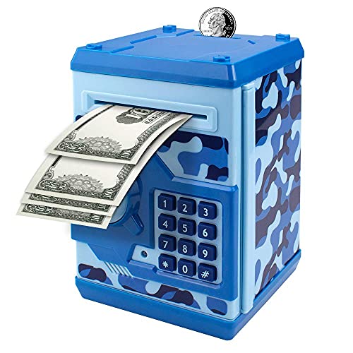 Suliper Electronic Piggy Bank Code Lock for Kids Baby Toy, Mini ATM Safe Coin Cash Banks Real Money Saving Box with Password, Auto Money Scroll for Children,Boys Girls Birthday Gift (Camouflage Blue)