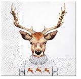 Lot de 20 serviettes de table en forme de cerf dans un pull - Motif animal - Amusant - Forêt - Chasse - J?ger - Décoration de table - 33 x 33 cm