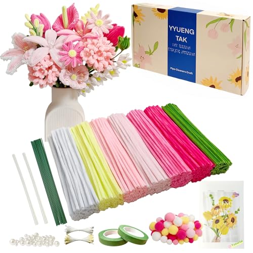 500 Pcs Gradient Pink Pipe Cleaners Flower kit,Chenille Stems for DIY Art Projects Creative Gift,Pipe Cleaners Craft with tutoria,Pearls,Pompoms,Green Floral Wires,Gardening Tape,Stamen