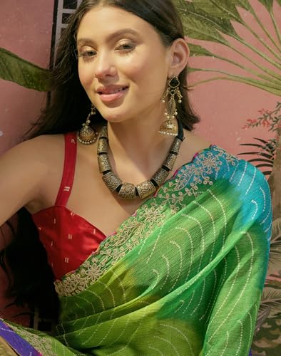 Image of SIRIL Women's Chiffon Scalloped Border Sequins Embroidery Saree with Unstitched Blouse Piece