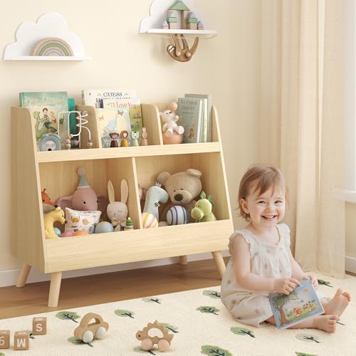 Image of Curipeer Kids Bookshelf and Toy Organizer, 5 Cubbies Wooden Open Bookcase, 2-Tier Baby Storage Display Organizer with Legs, Free Standing Bookshelf for Playing Room, Nursery, Natural Wood Color
