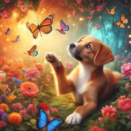WSLWXSHM Diamond Painting Kits for Adults Dog, Butterfly Round Full Drill Diamond Art Kits, 5D DIY Paint with Diamonds Crafts for Home Wall Decoration Gifts 12Ã—12Inch, Animal
