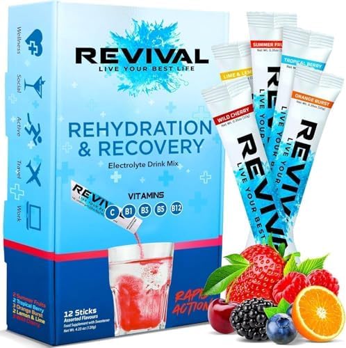 Revival Shots Rapid Rehydration Electrolytes Powder - High Strength Vitamin C, B1, B3, B5, B12 Supplement Sachet Drink, Effervescent Electrolyte Hydration Tablets - 12 Pack Assorted Flavours