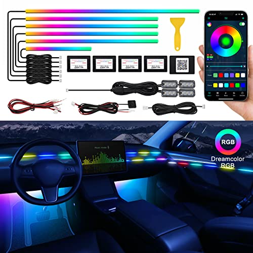 Striscia a LED in materiale acrilico per interni auto, con app wireless, RGB Dreamcolor 10 in 1, kit di illuminazione in fibra ottica, circa 4,5 m, 593 LED, attivazione sonora, 16 milioni di colori