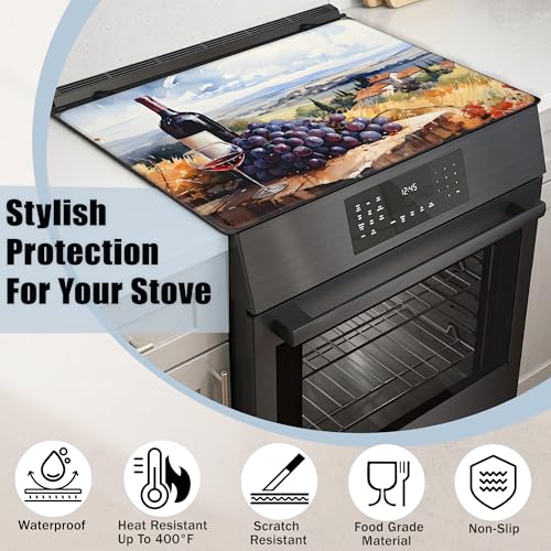 Image of Electric Stove Top Cover,Grape Wine Bottle Stove Cover for Glass Top Electric Stove,Rustic Country Heat Resistant Flat Top Stove Mat Countertop Protector, 28 x 20 Inch