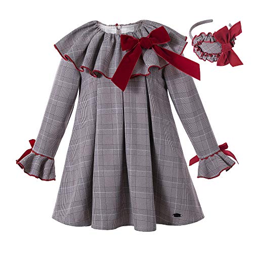 Pettigirl Autumn Winter Toddler England Gray Gird Trendy Long Sleeve Casual Girl Dress Outfit with Headpiece