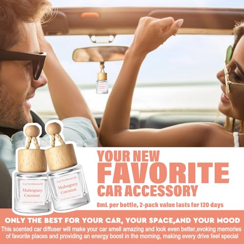Image of HoogaLife Car Air Freshener Diffuser 2 Pack Hanging Mahogany Coconut Car Air Freshener for Women 45+ Days Long Lasting Fragrance Made in USA (M32)