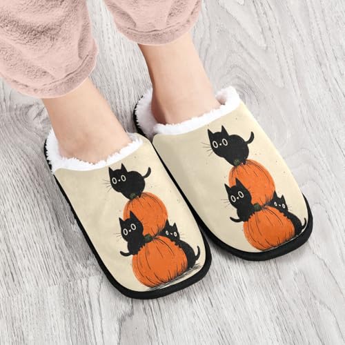 Halloween Cat Pumpkin Beige Slippers For Women Men Soft Memory Foam Non-Slip Hallowmas Winter Indoor House Shoes Travel Slipper4